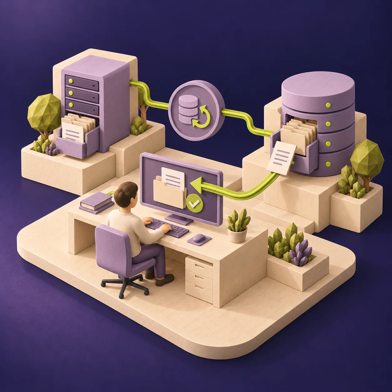 Getrennte Speichersysteme und Arbeitsplatz mit zurückgespieltem Dokument. KI-generierte Illustration.
