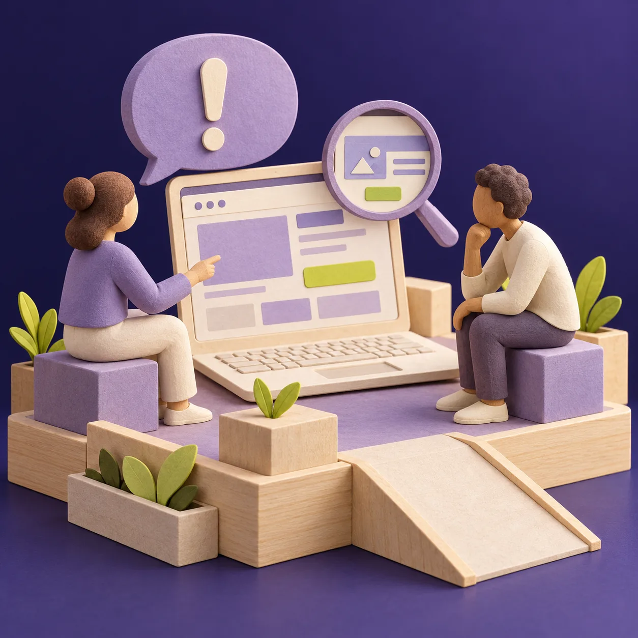 Zwei Personen besprechen eine digitale Barriere an einem Laptop, mit Sprechblase, Lupe und einer Rampe zur Plattform. KI-generierte Illustration.