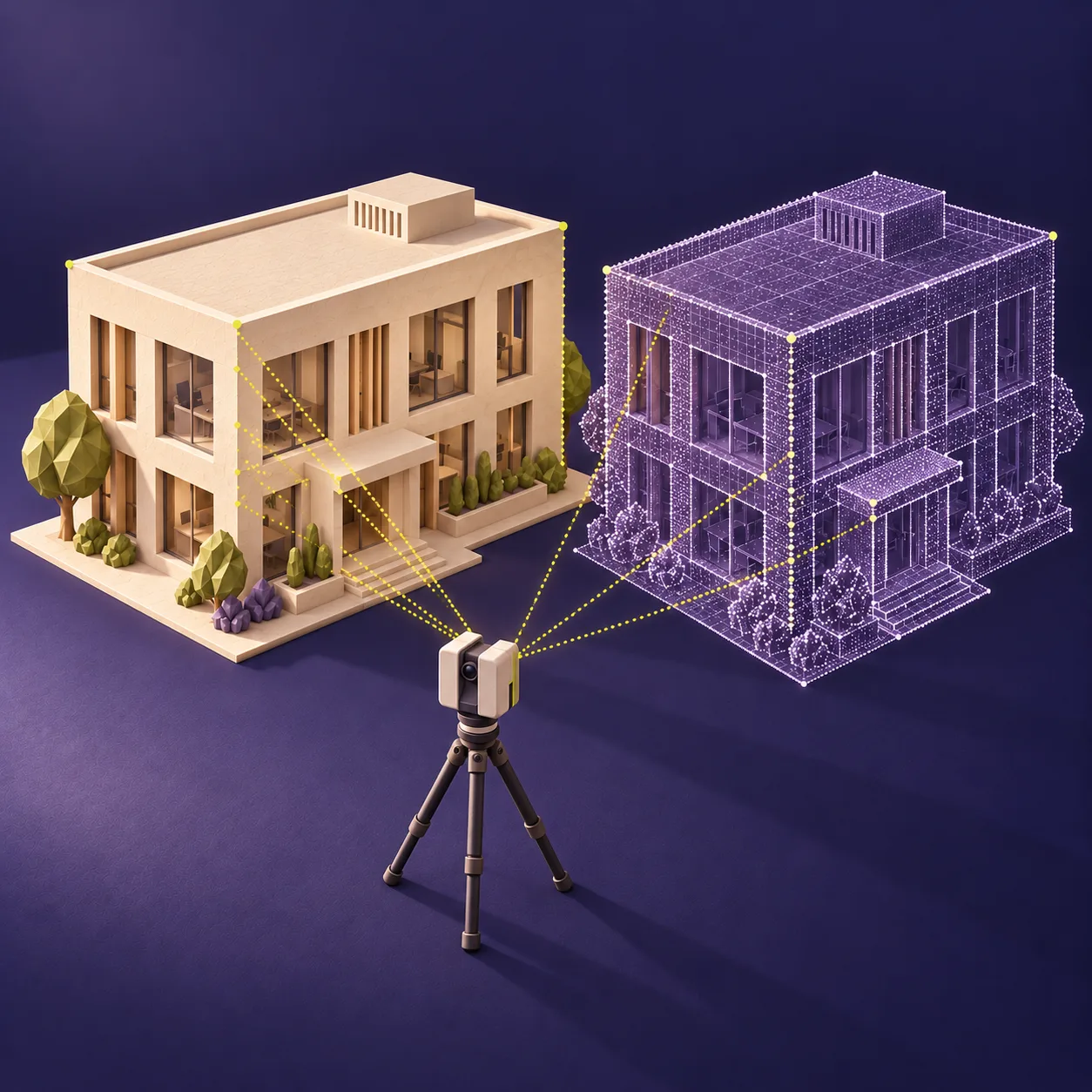 Gebäudemodell, Laserscanner und zugehöriges digitales Punkte- und Linienmodell als digitaler Zwilling. KI-generierte Illustration.