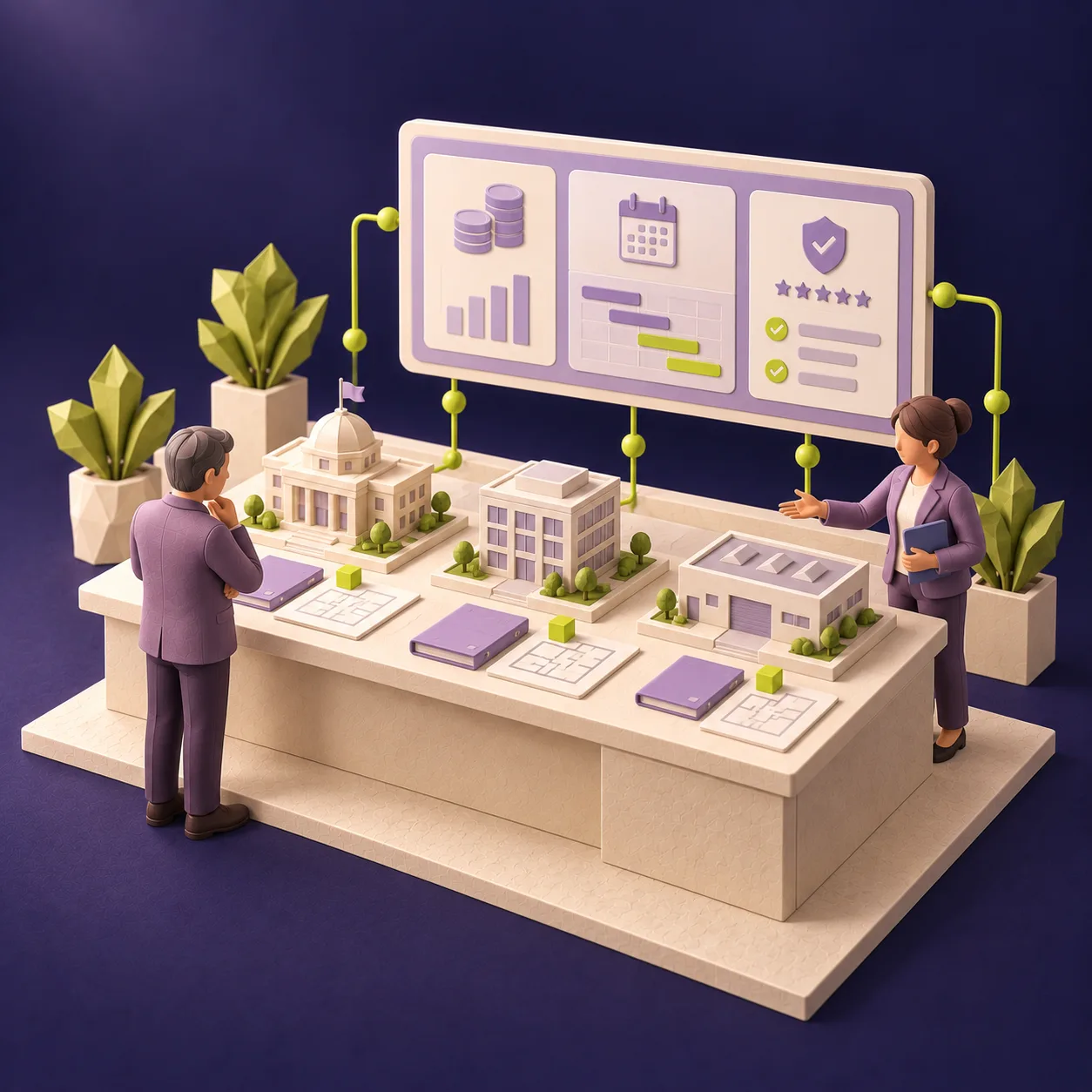 Auftraggeber besprechen Verwaltungsgebäude, Büroimmobilie und Industriehalle anhand von Projektunterlagen. KI-generierte Illustration.
