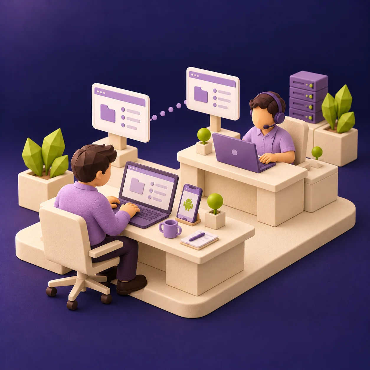 Anwender und IT-Fachperson mit Headset besprechen eine Fernwartung an zwei verbundenen Arbeitsplätzen. KI-generierte Illustration.