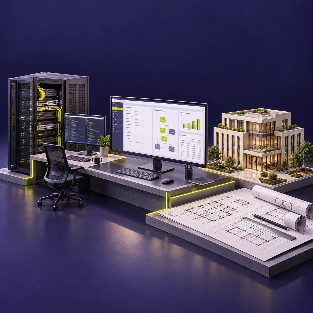 Symbolische gemeinsame Darstellung von IT-Infrastruktur, Softwareanwendungen und einem Gebäudemodell mit Bauplänen. Keine tatsächlichen Geschäftsräume oder Projekte. KI-generierte Illustration.