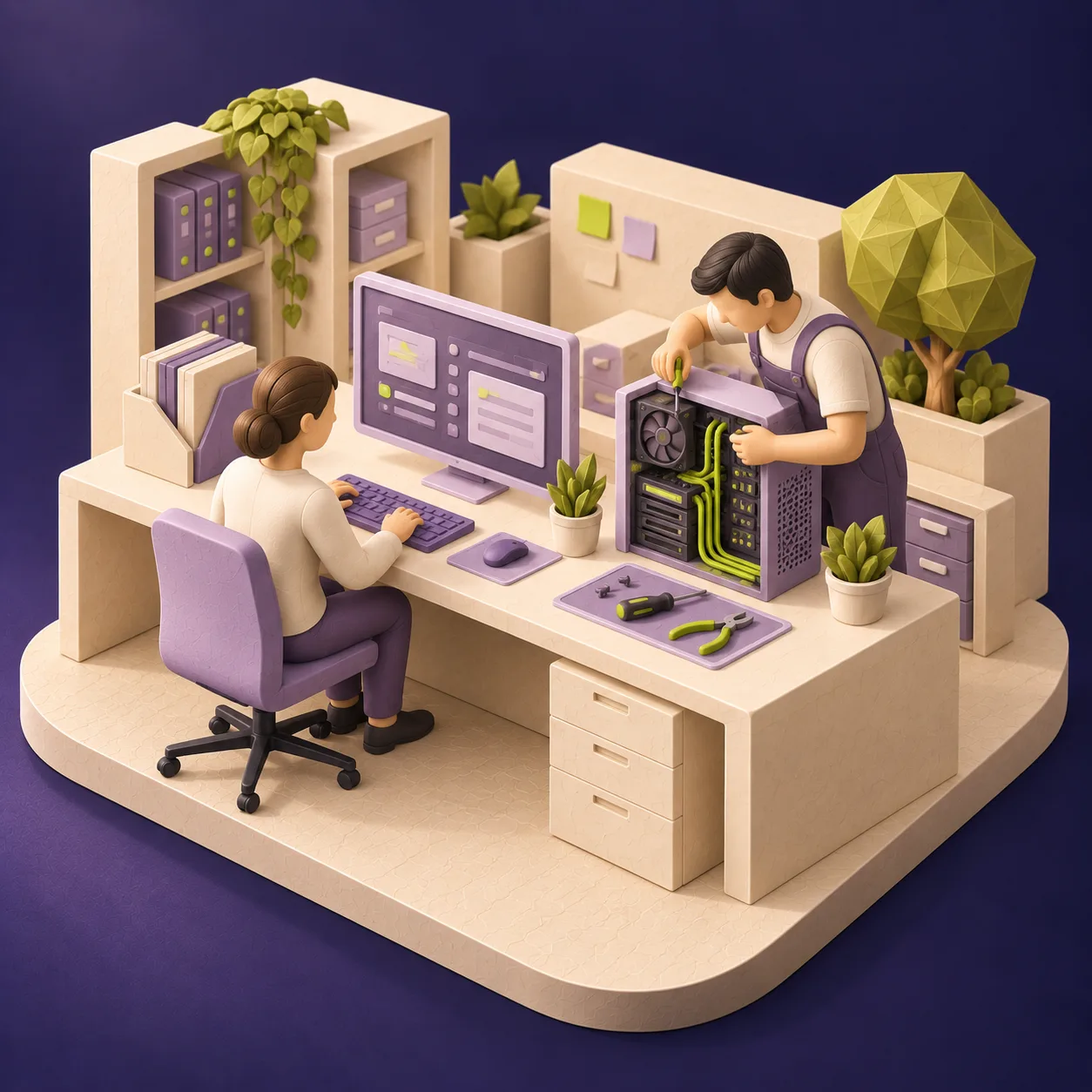 Anwender am Arbeitsplatz und Techniker bei der Gerätewartung. KI-generierte Illustration.