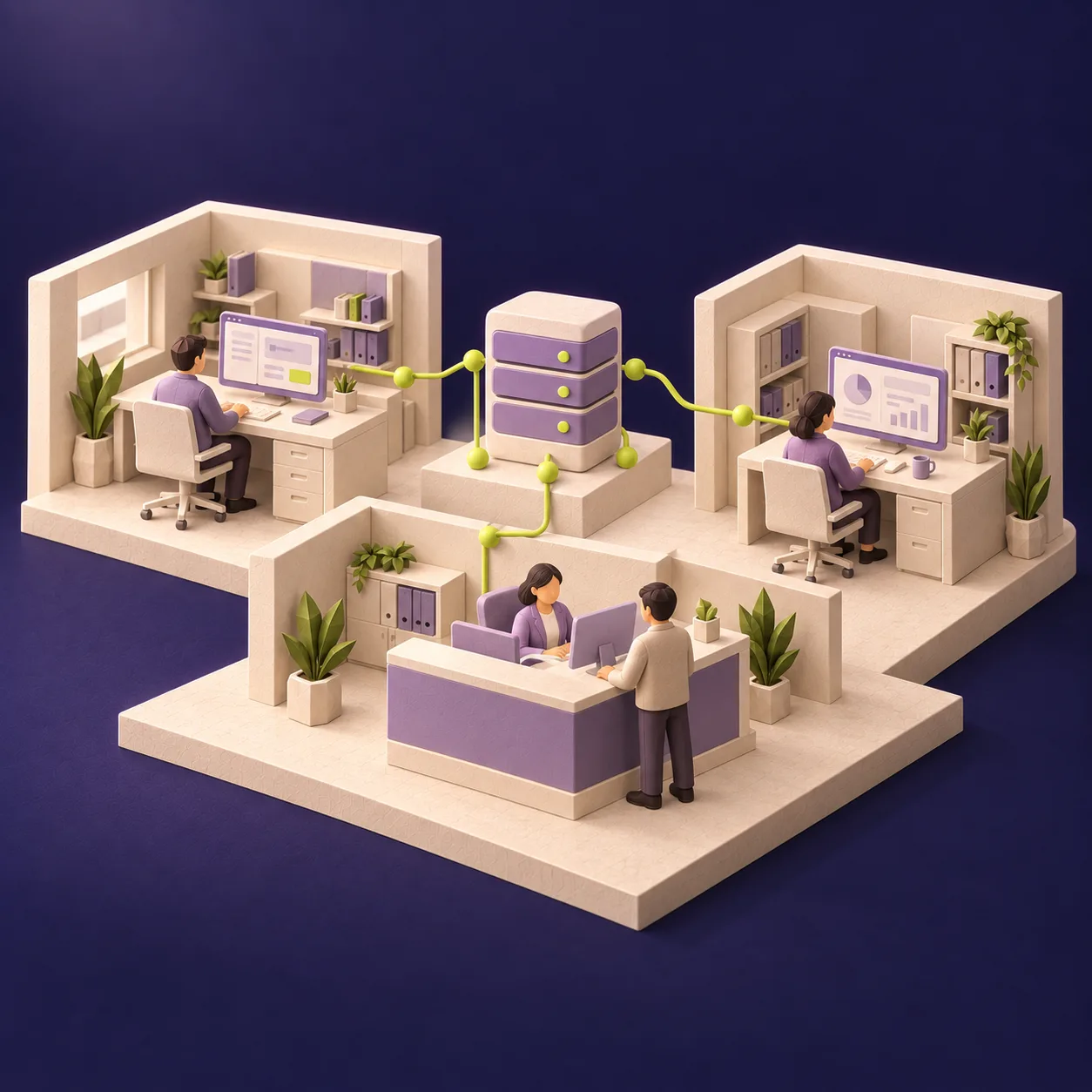 Arbeitsplätze in verschiedenen Organisationen und Standorten sind mit gemeinsamer IT-Infrastruktur verbunden. KI-generierte Illustration.