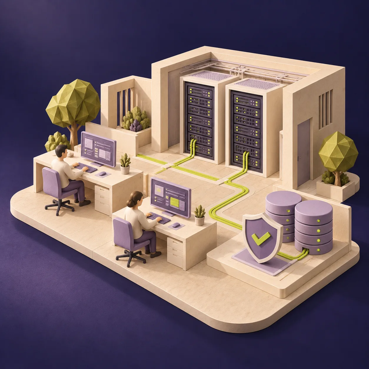 Offenes Gebäudemodell mit Servertechnik und vernetzten Arbeitsplätzen. KI-generierte Illustration.