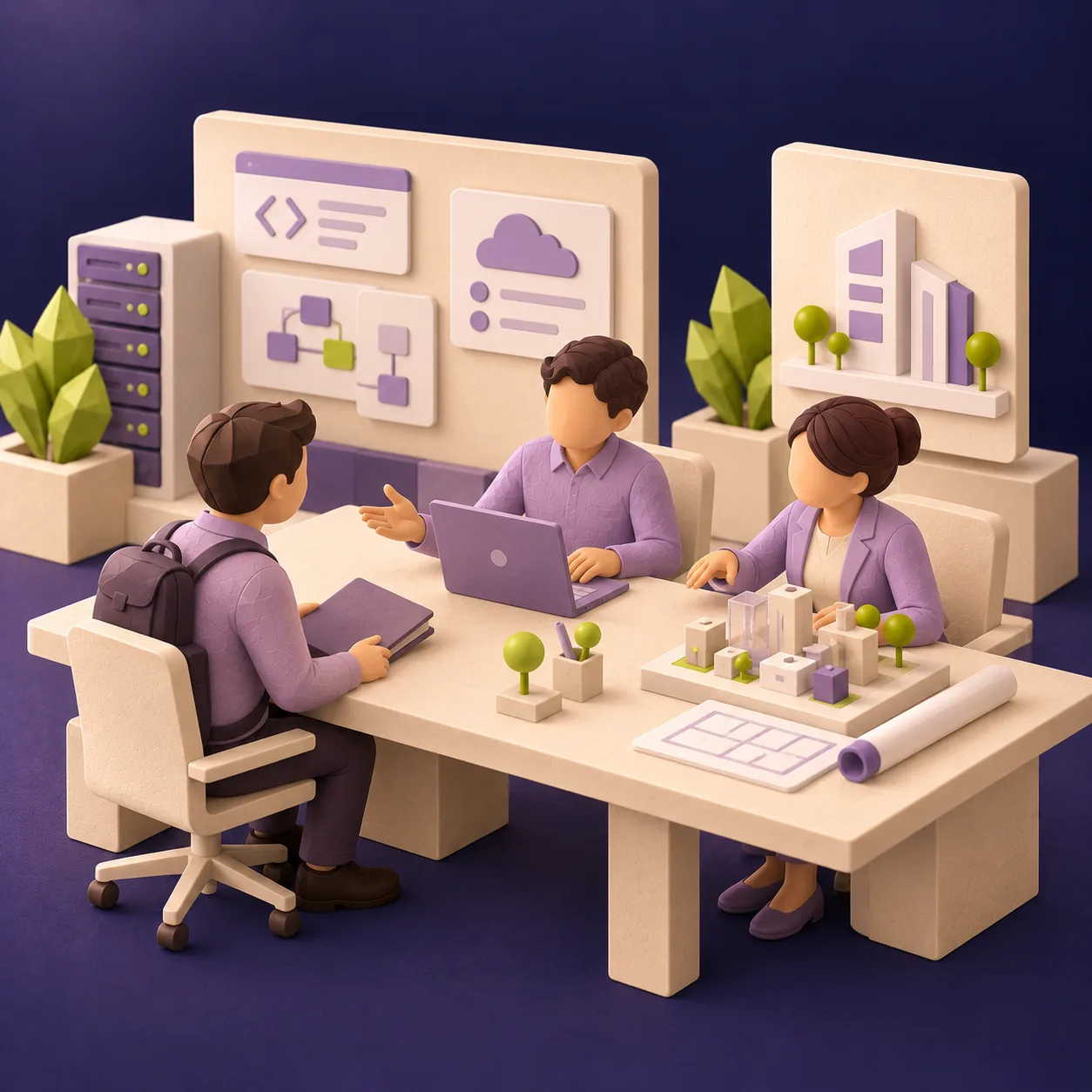 Drei symbolische Personen lernen sich an einem Arbeitstisch mit Laptop, Servertechnik und Gebäudemodell kennen. Keine tatsächlichen Mitarbeiter oder Geschäftsräume. KI-generierte Illustration.