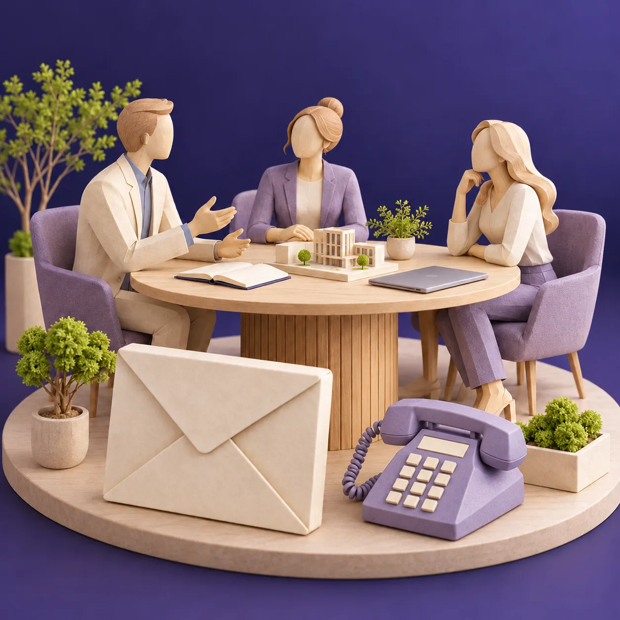 Drei Personen besprechen ein Anliegen am Projekttisch, daneben ein Briefumschlag und ein Tischtelefon. KI-generierte Illustration.