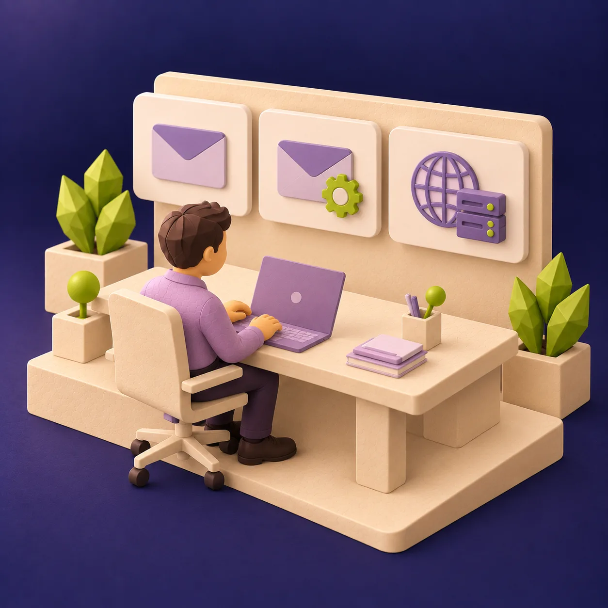Eine Person wählt symbolische Zugänge zu E-Mail, Postfach-Einstellungen und Hosting. KI-generierte Illustration.