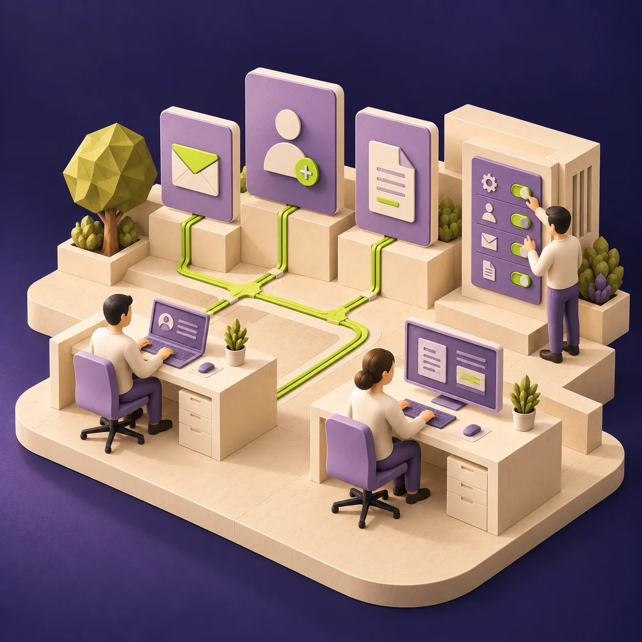 Arbeitsplätze mit verbundenen Symbolen für Benutzer, E-Mail, Dokumente und Administration. KI-generierte Illustration.