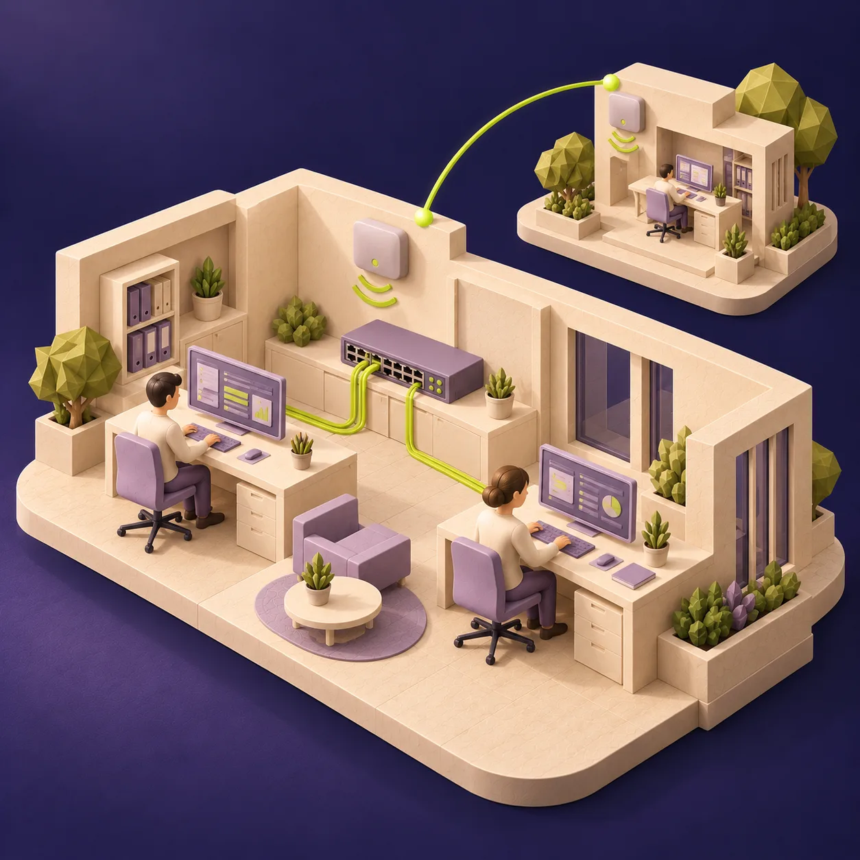 Zwei Bürostandorte mit Netzwerkanschlüssen, Switch und WLAN. KI-generierte Illustration.
