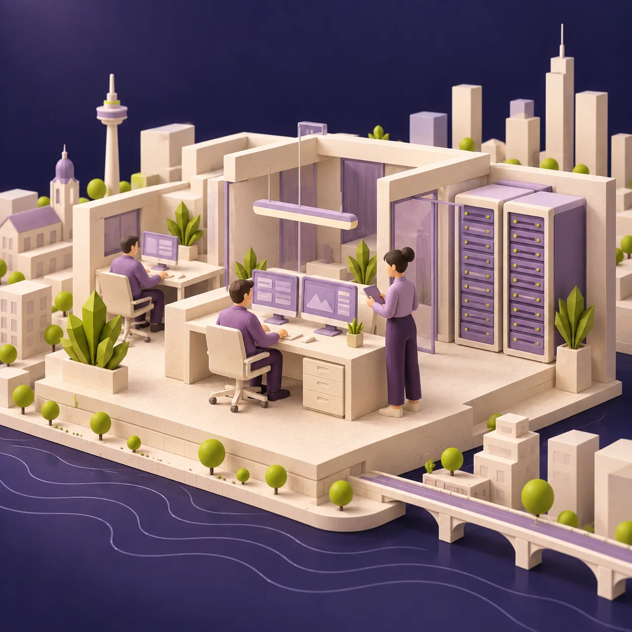 Symbolische Arbeitsplätze und Servertechnik in einer urbanen Rhein-Main-Landschaft. Keine Darstellung des tatsächlichen Geschäftssitzes. KI-generierte Illustration.
