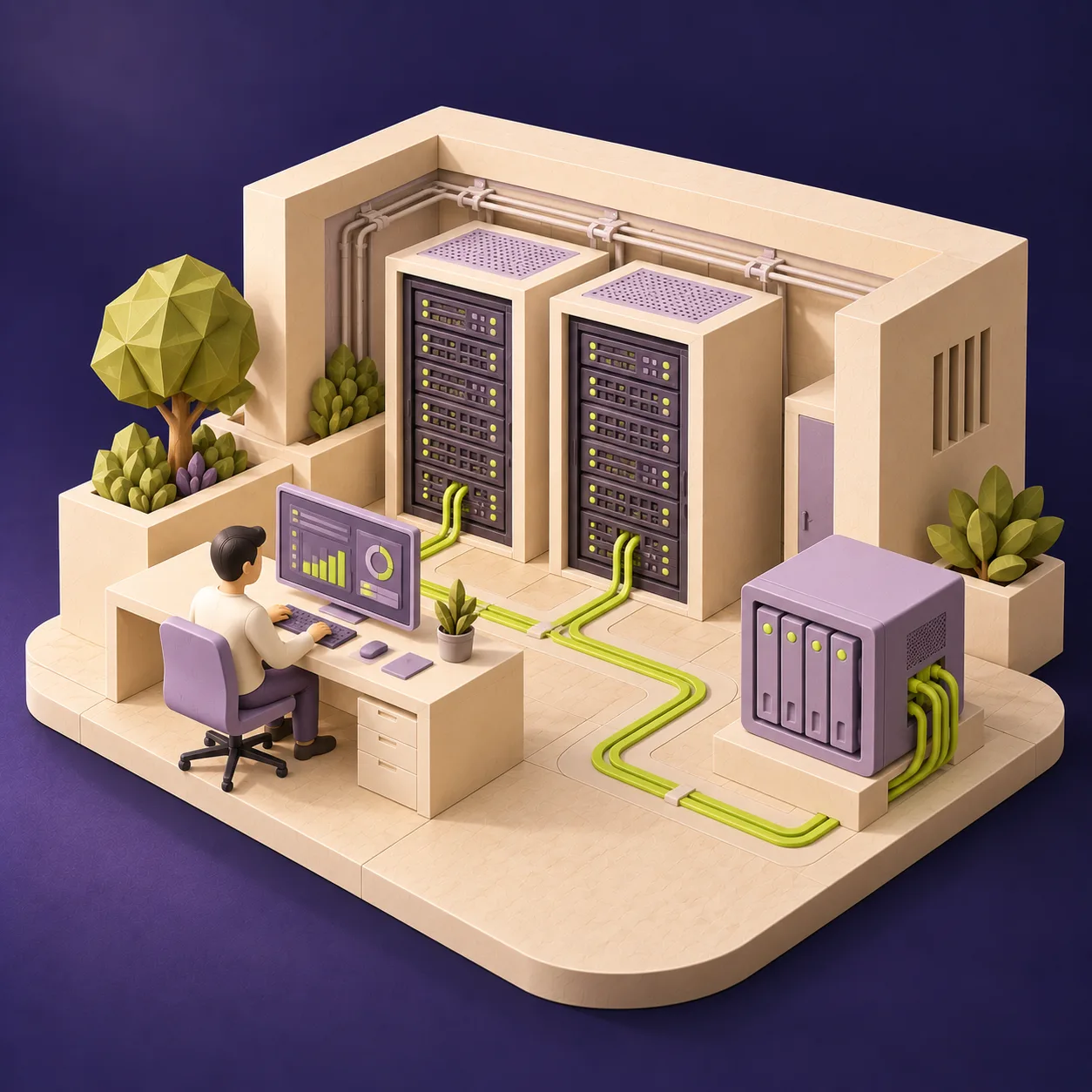 Serverraum mit Servern, NAS und Arbeitsplatz für die Administration. KI-generierte Illustration.