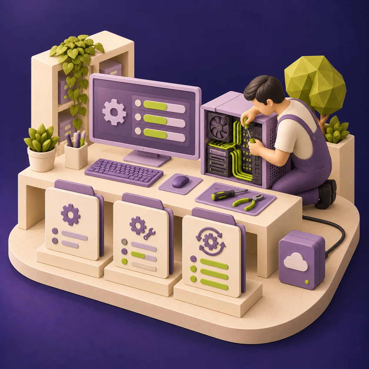 Ein Techniker wartet einen PC neben drei symbolischen Servicepaketen und einem Backupgerät. KI-generierte Illustration.
