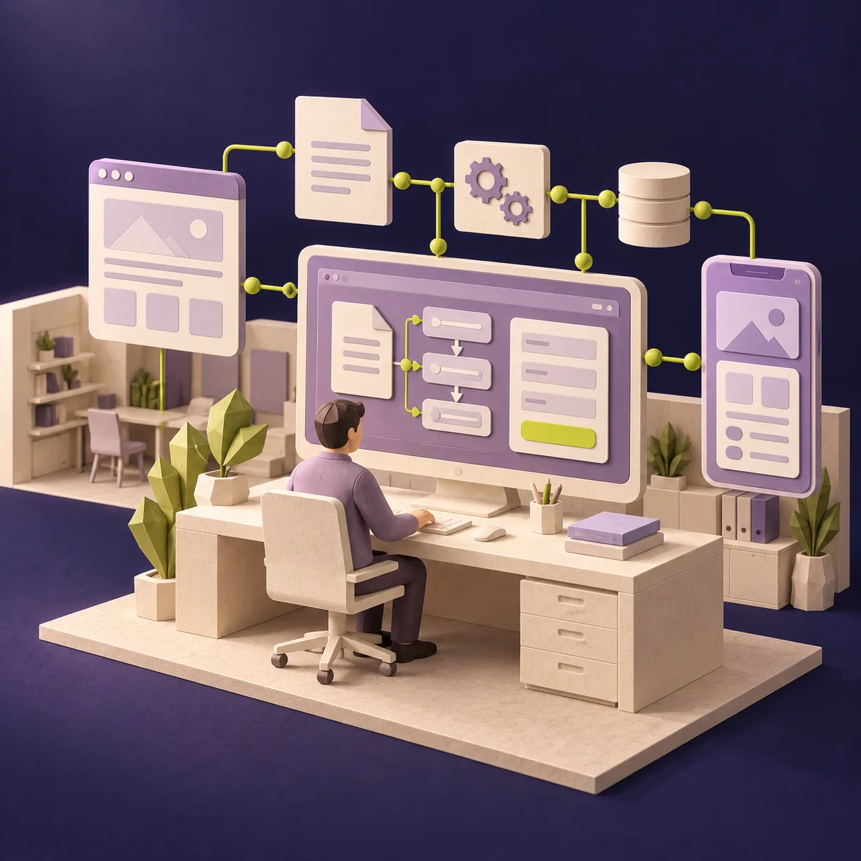 Arbeitsplatz im Gebäudemodell mit verbundenen Ansichten für Eingaben, Dokumente und Abläufe. KI-generierte Illustration.