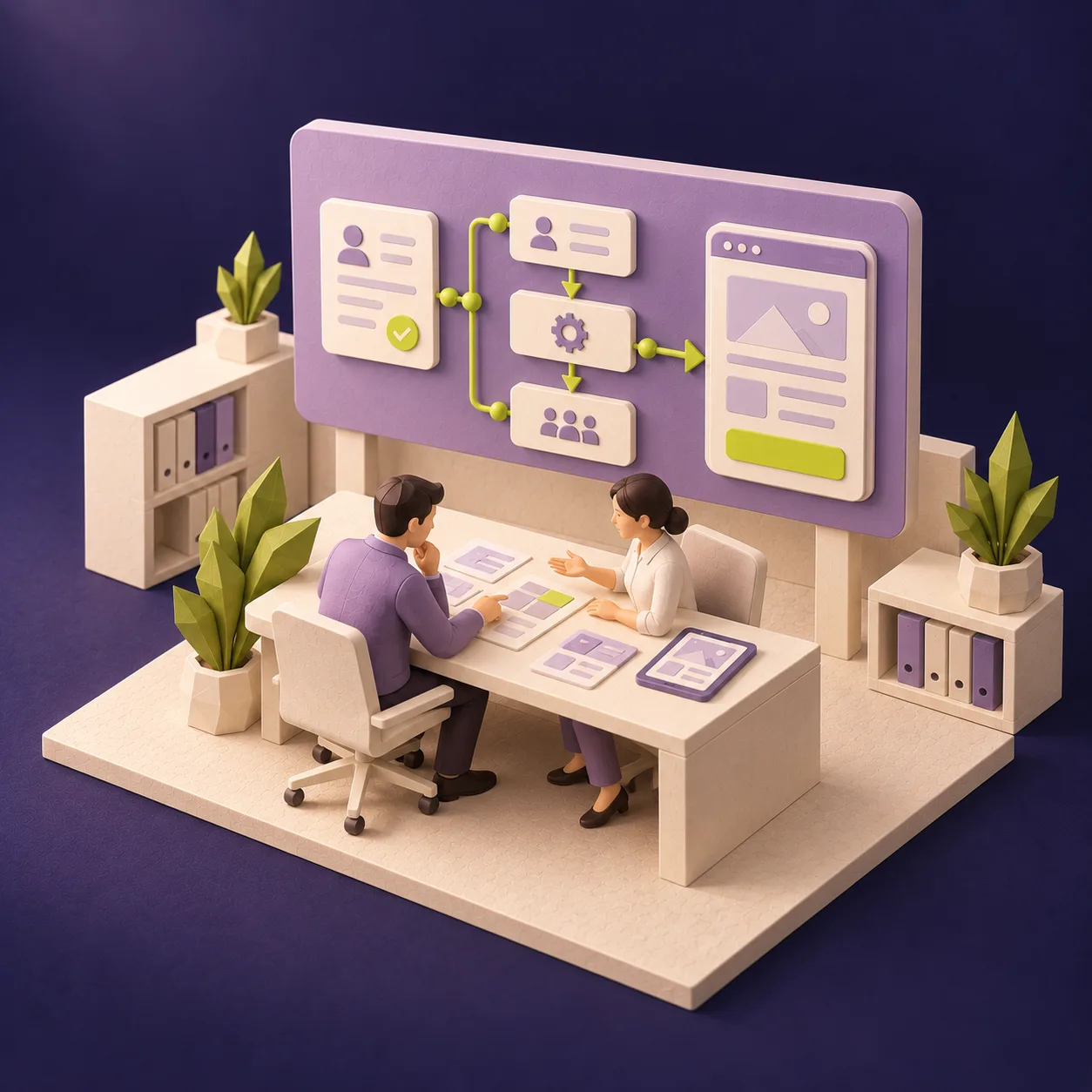 Auftraggeber und Softwareentwicklerin besprechen Ablauf, Rollen und eine geplante Anwendung. KI-generierte Illustration.