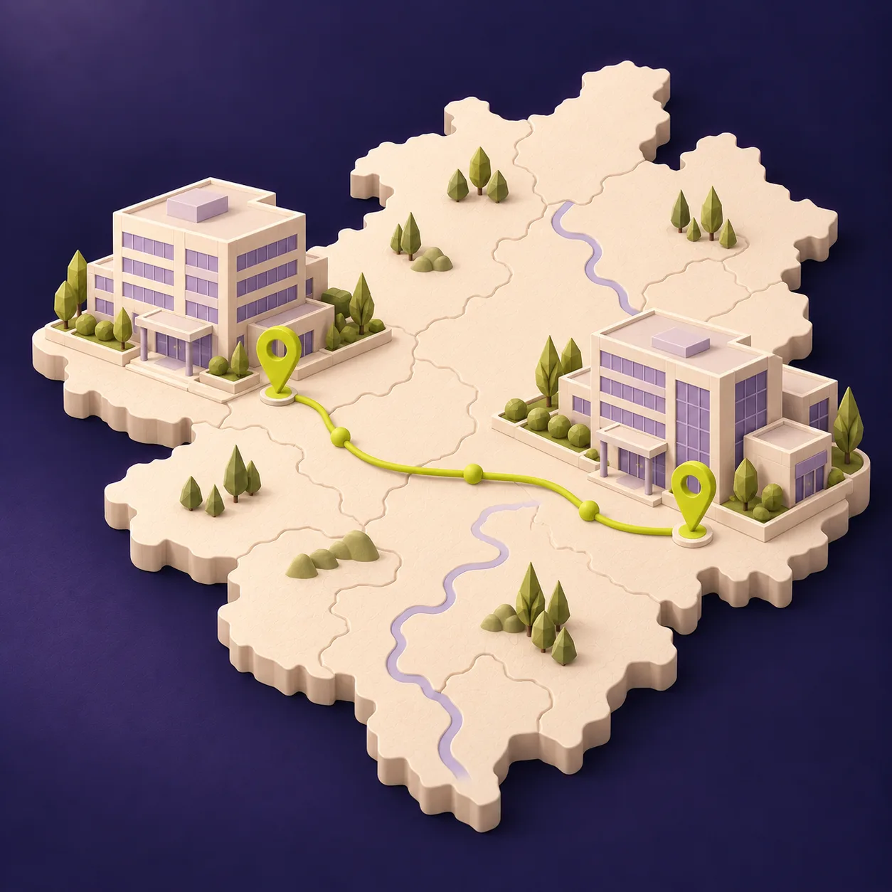 Zwei symbolische Bürogebäude auf einer schematischen Hessenkarte mit einer Verbindung zwischen den Standorten. KI-generierte Illustration.