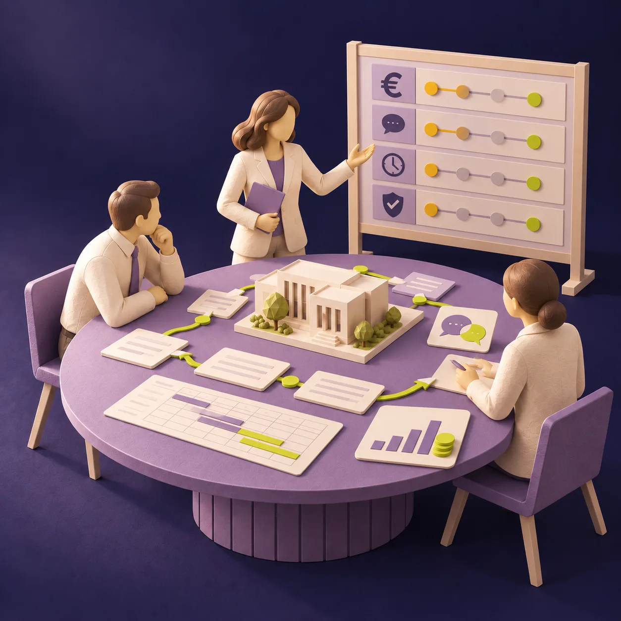 Beteiligte stimmen Maßnahmen am Projekttisch ab; die Tafel zeigt Kosten, Kommunikation, Zeit und Qualität. KI-generierte Illustration.