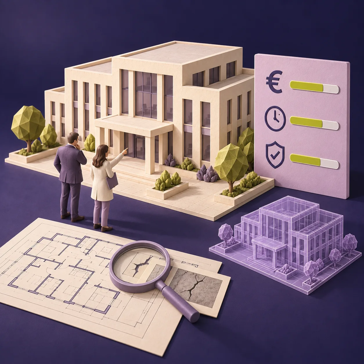 Auftraggeber und Vertretung vor einem Gebäudemodell, Tafel für Kosten, Zeit und Qualität sowie Schadenserfassung und digitaler Zwilling. KI-generierte Illustration.