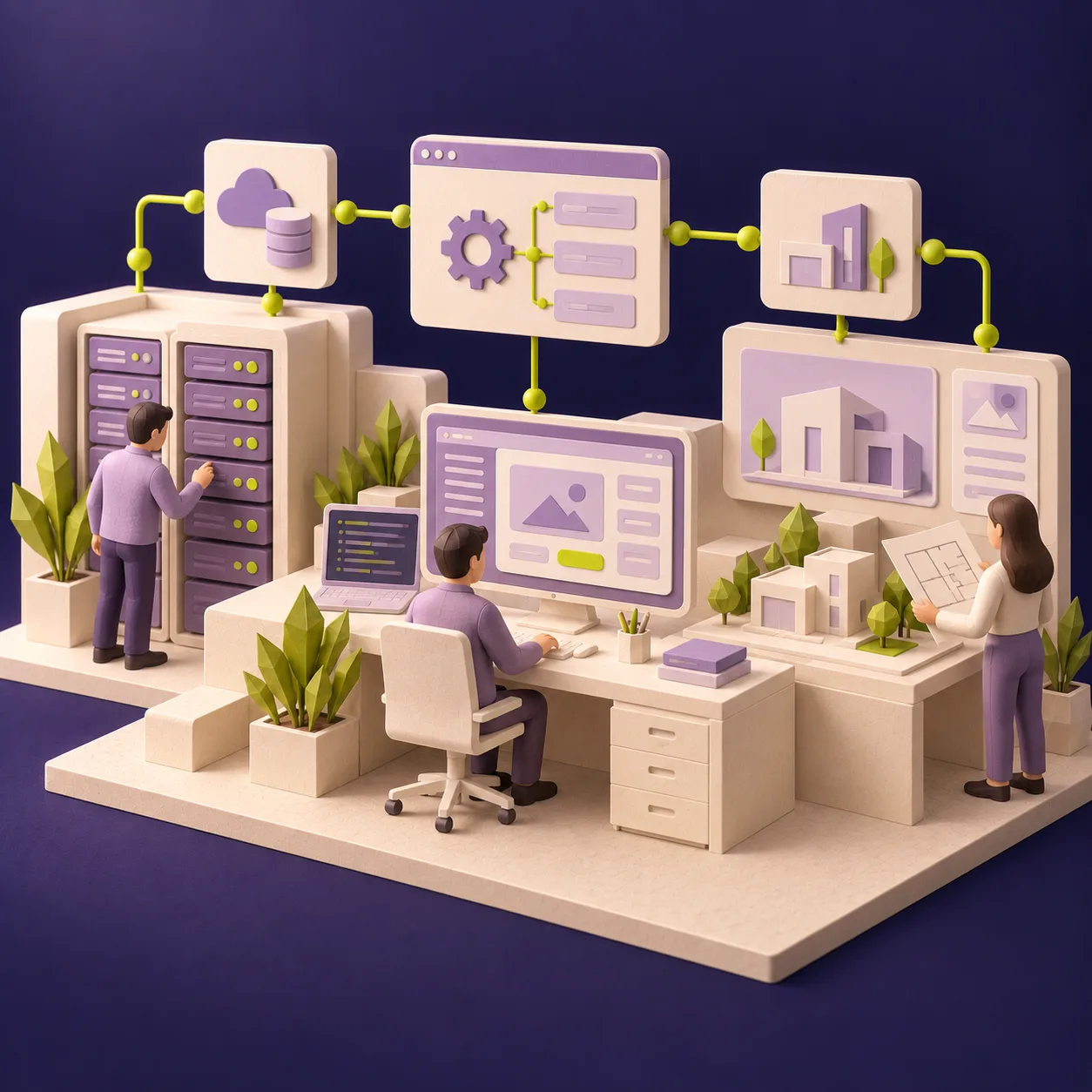 Drei symbolische Arbeitsbereiche mit Servertechnik, Anwendungsentwicklung und einem Bauplan auf einer gemeinsamen Basis. KI-generierte Illustration.