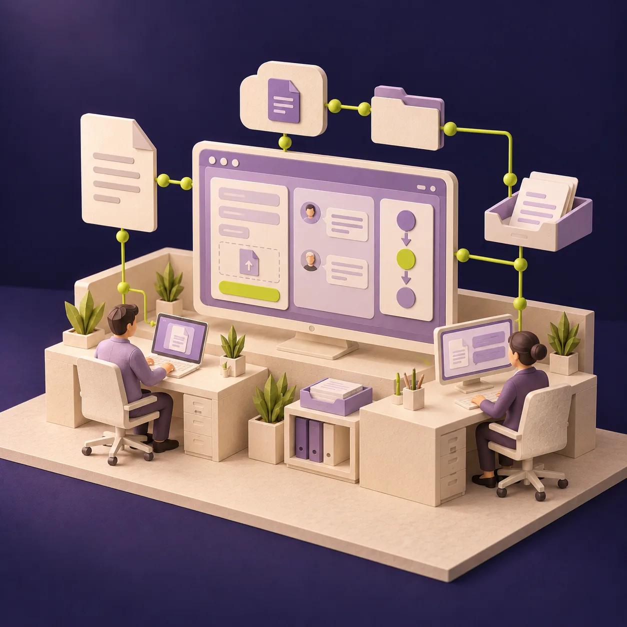 Nutzer und Sachbearbeitung sind über ein Portal mit Formularen, Dokumenten und Nachrichten verbunden. KI-generierte Illustration.