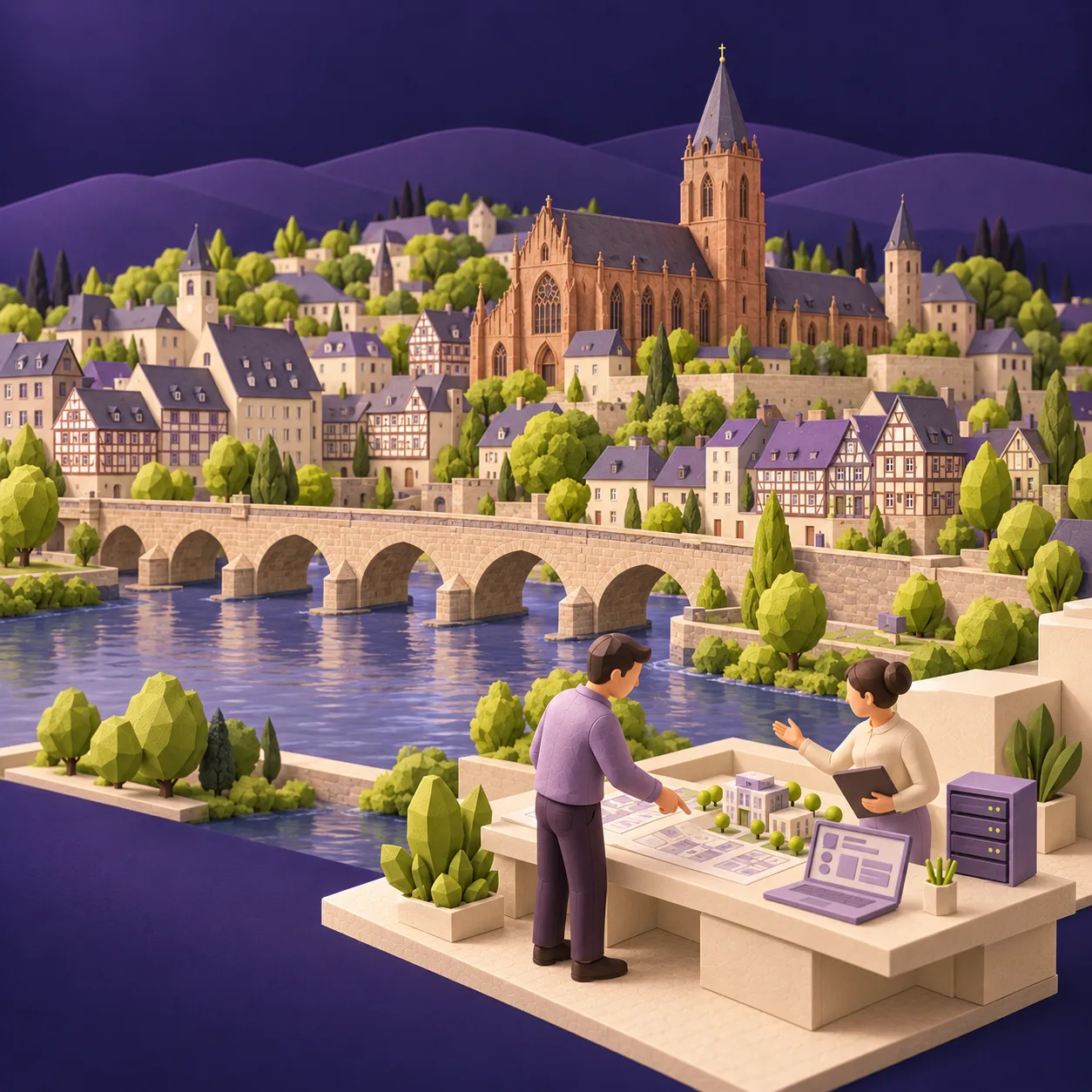 Stilisierte Wetzlarer Altstadt mit Dom, Lahn und Alter Lahnbrücke; im Vordergrund Projektbesprechung mit Bauplänen, Gebäudemodell, Laptop und Servertechnik. Keine Darstellung tatsächlicher Geschäftsräume oder Kundenprojekte. KI-generierte Illustration.